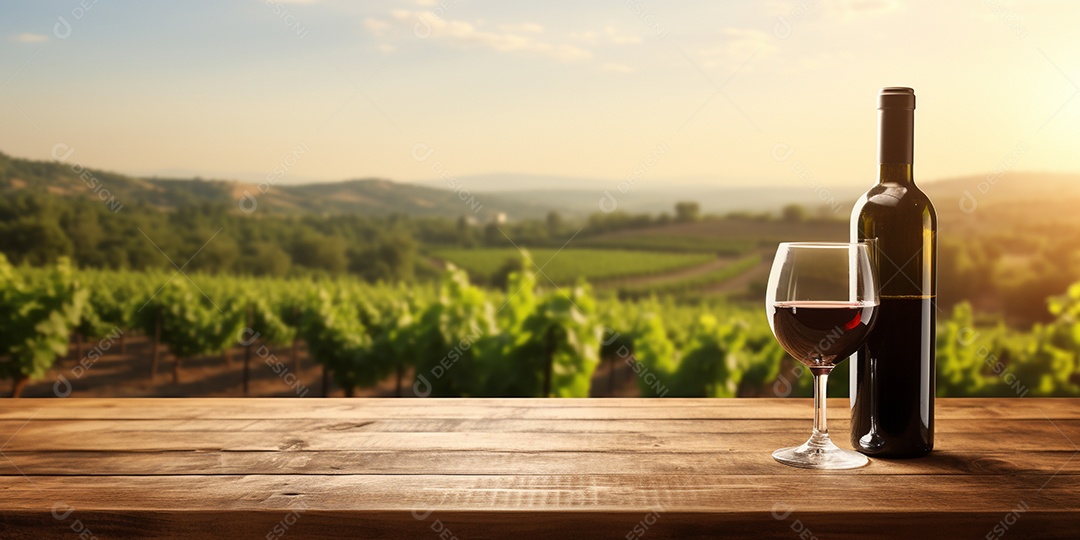 Tampo da mesa de madeira com uma taça de vinho no fundo turvo da paisagem do vinhedo