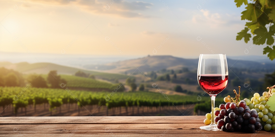 Tampo da mesa de madeira com uma taça de vinho no fundo turvo da paisagem do vinhedo