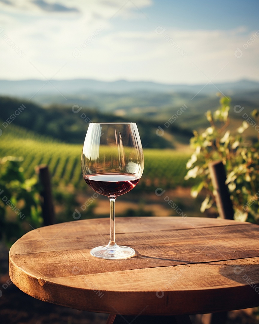 Tampo da mesa de madeira com uma taça de vinho no fundo turvo da paisagem do vinhedo