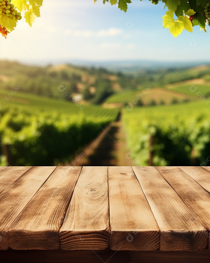 Tampo da mesa de madeira sobre fundo desfocado da paisagem do vinhedo