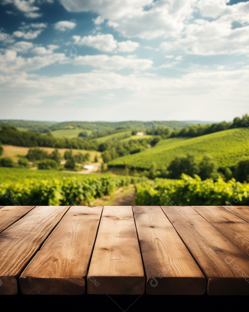 Tampo da mesa de madeira sobre fundo desfocado da paisagem do vinhedo