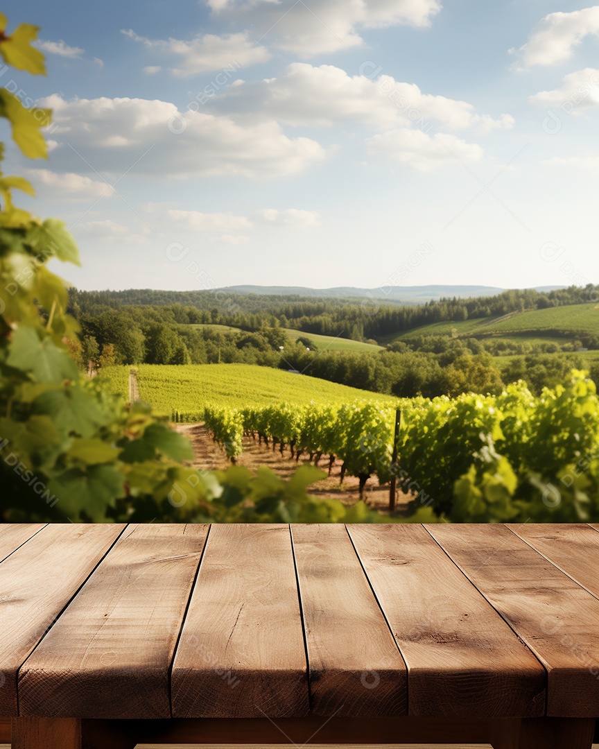 Tampo da mesa de madeira sobre fundo desfocado da paisagem do vinhedo