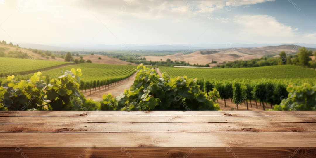 Tampo da mesa de madeira sobre fundo desfocado da paisagem do vinhedo