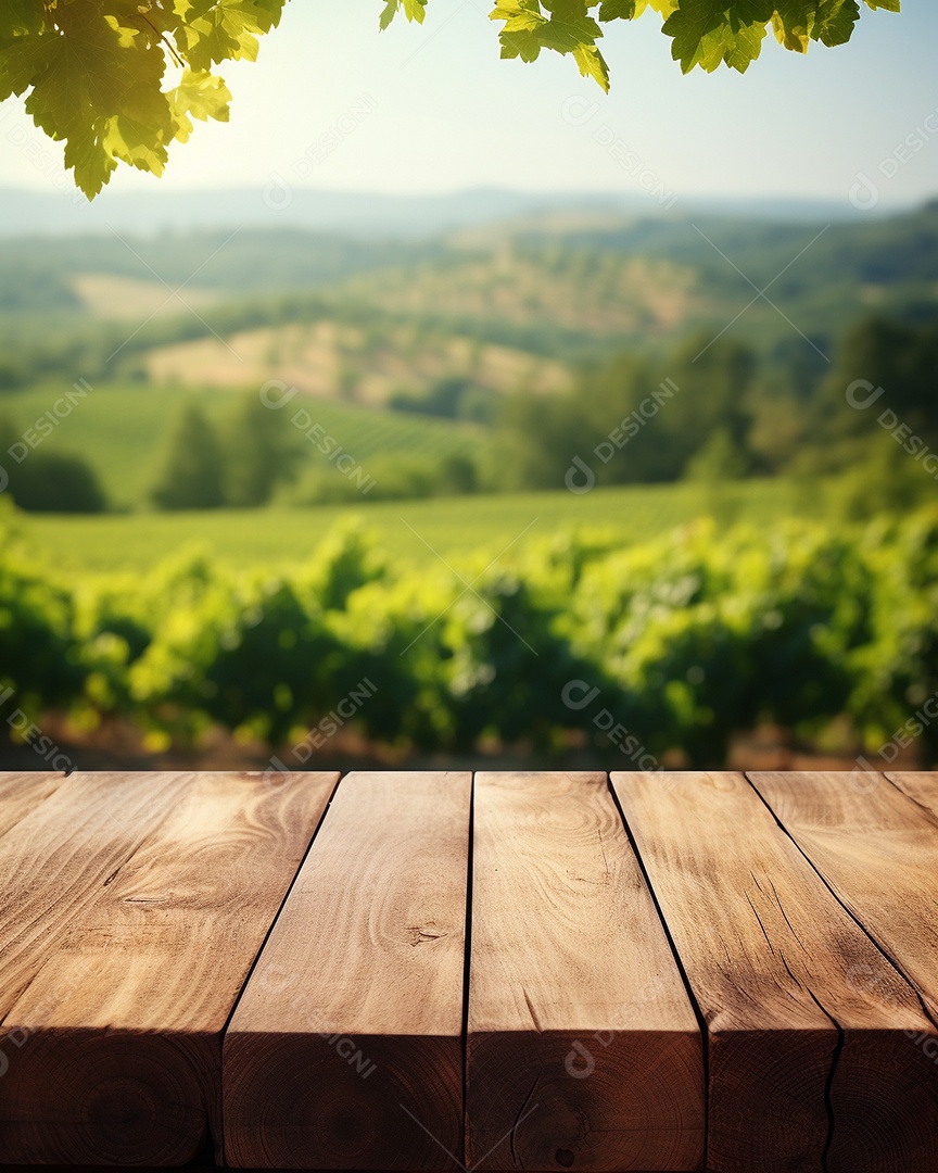 Tampo da mesa de madeira sobre fundo desfocado da paisagem do vinhedo