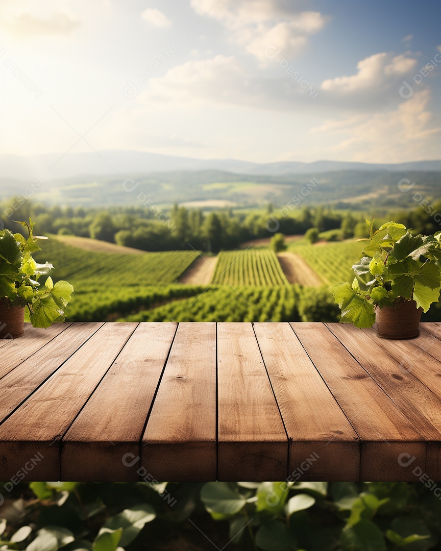 Tampo da mesa de madeira sobre fundo desfocado da paisagem do vinhedo