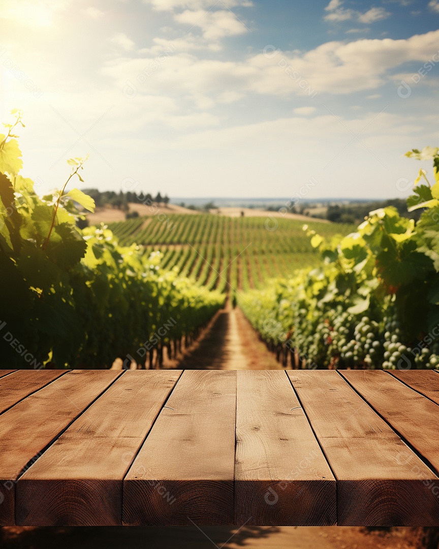 Tampo da mesa de madeira sobre fundo desfocado da paisagem do vinhedo