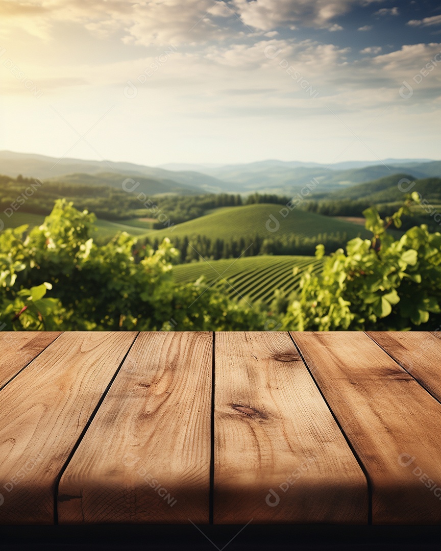 Tampo da mesa de madeira sobre fundo desfocado da paisagem do vinhedo
