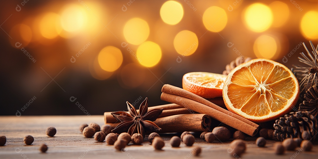 Especiarias tradicionais de Natal e fatias de laranja secas em fundo bokeh de férias
