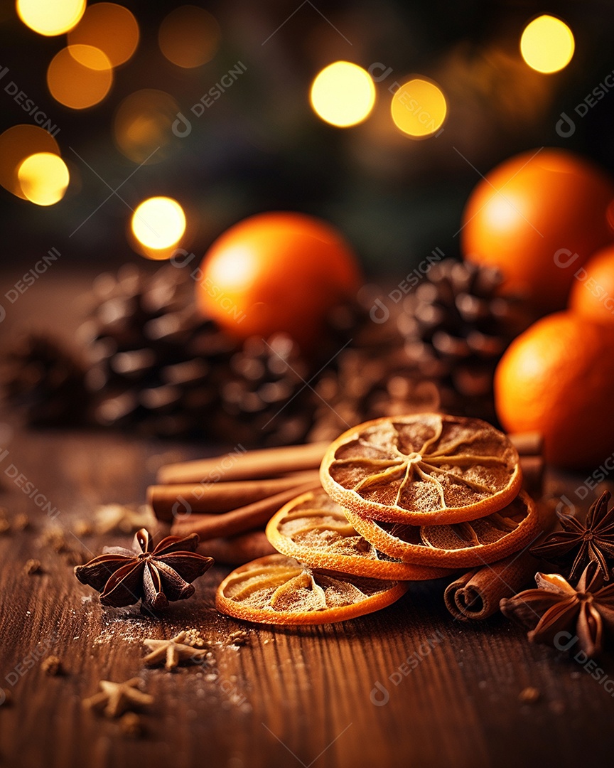 Especiarias tradicionais de Natal e fatias de laranja secas em fundo bokeh de férias