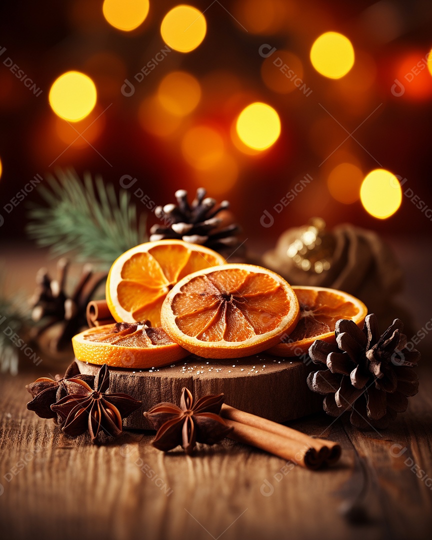 Especiarias tradicionais de Natal e fatias de laranja secas em fundo bokeh de férias