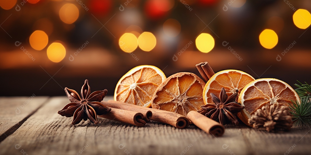 Especiarias tradicionais de Natal e fatias de laranja secas em fundo bokeh de férias