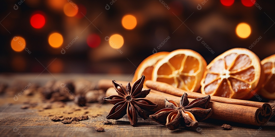 Especiarias tradicionais de Natal e fatias de laranja secas em fundo bokeh de férias
