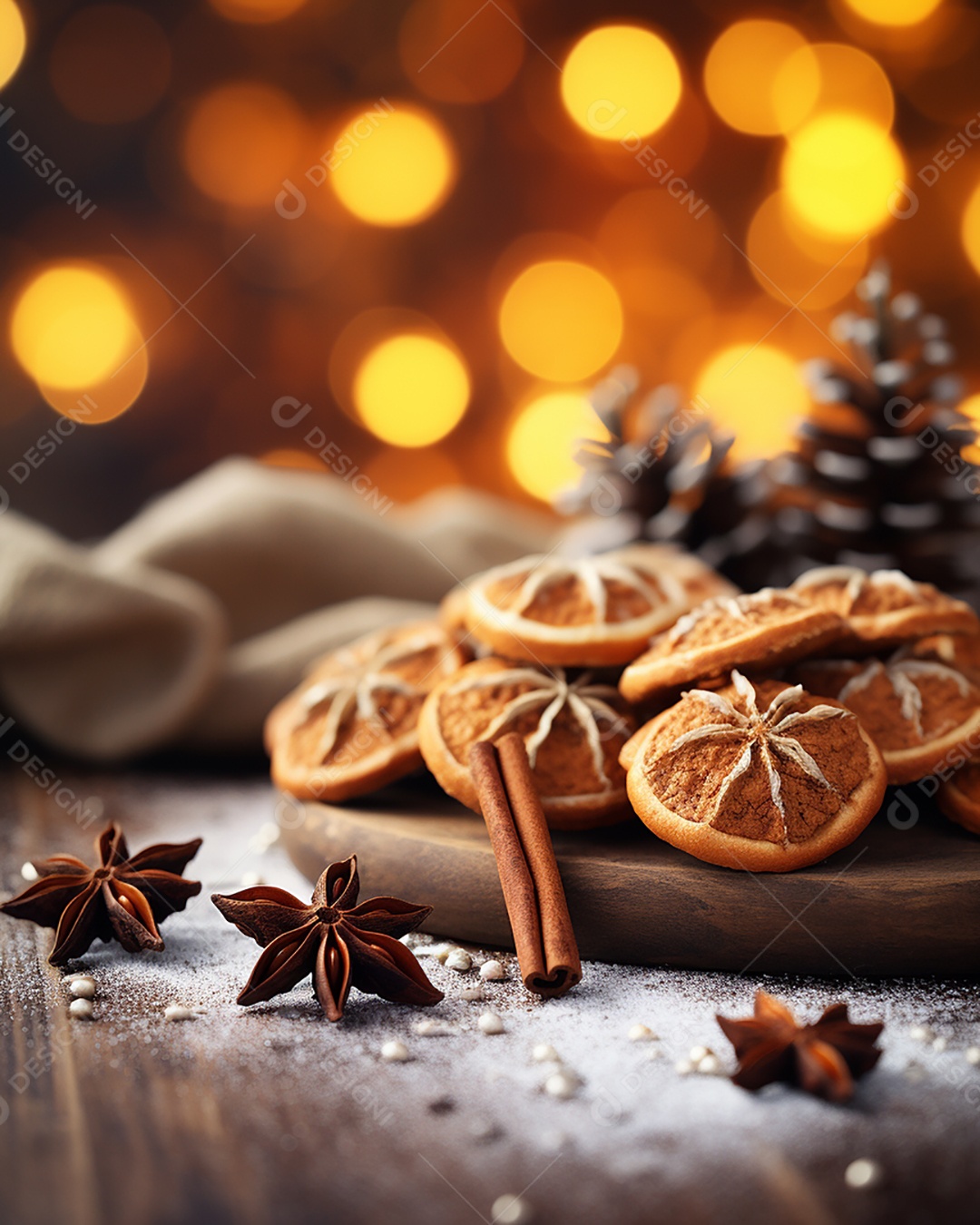 Especiarias tradicionais de Natal e fatias de laranja secas em fundo bokeh de férias