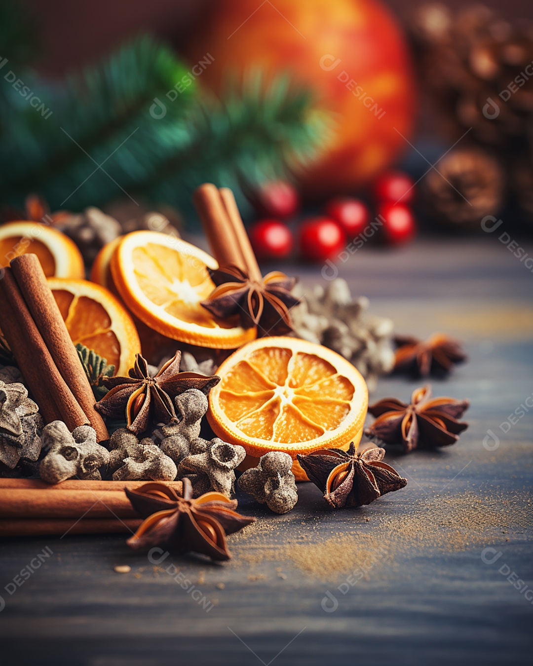 Especiarias tradicionais de Natal e fatias de laranja secas em fundo bokeh de férias