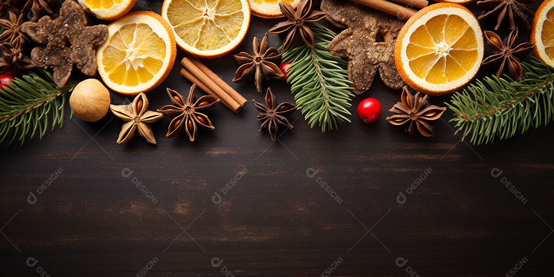 Especiarias tradicionais de Natal e fatias de laranja secas em fundo bokeh de férias