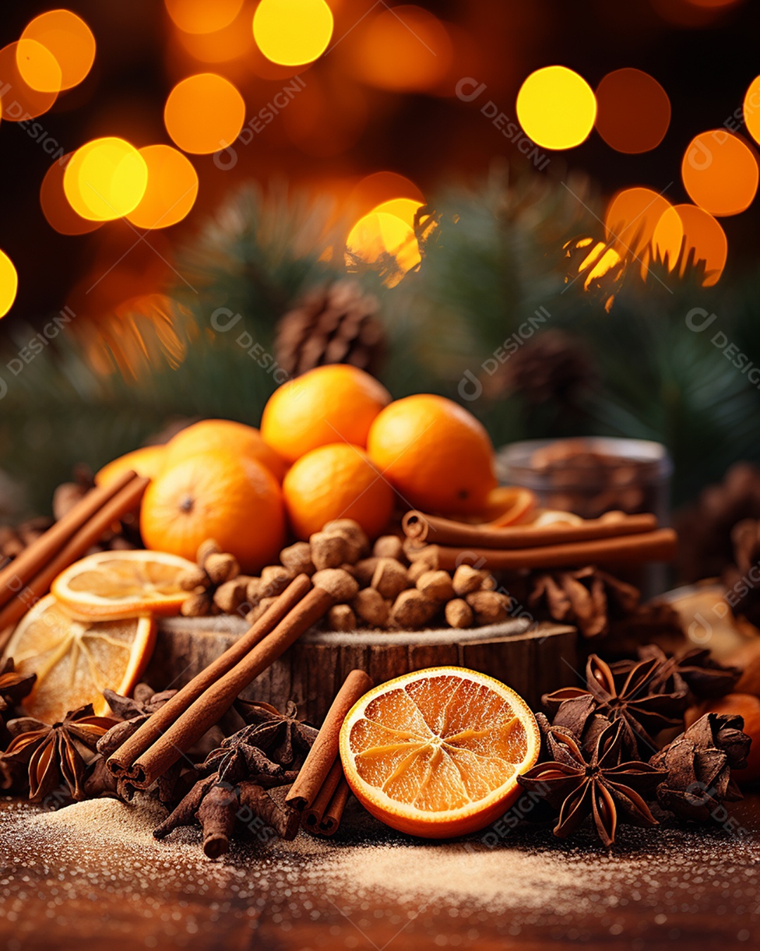 Especiarias tradicionais de Natal e fatias de laranja secas em fundo bokeh de férias