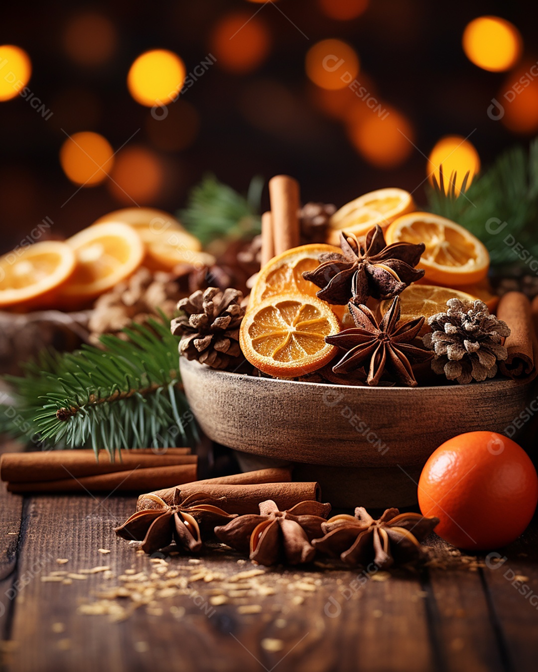 Especiarias tradicionais de Natal e fatias de laranja secas em fundo bokeh de férias