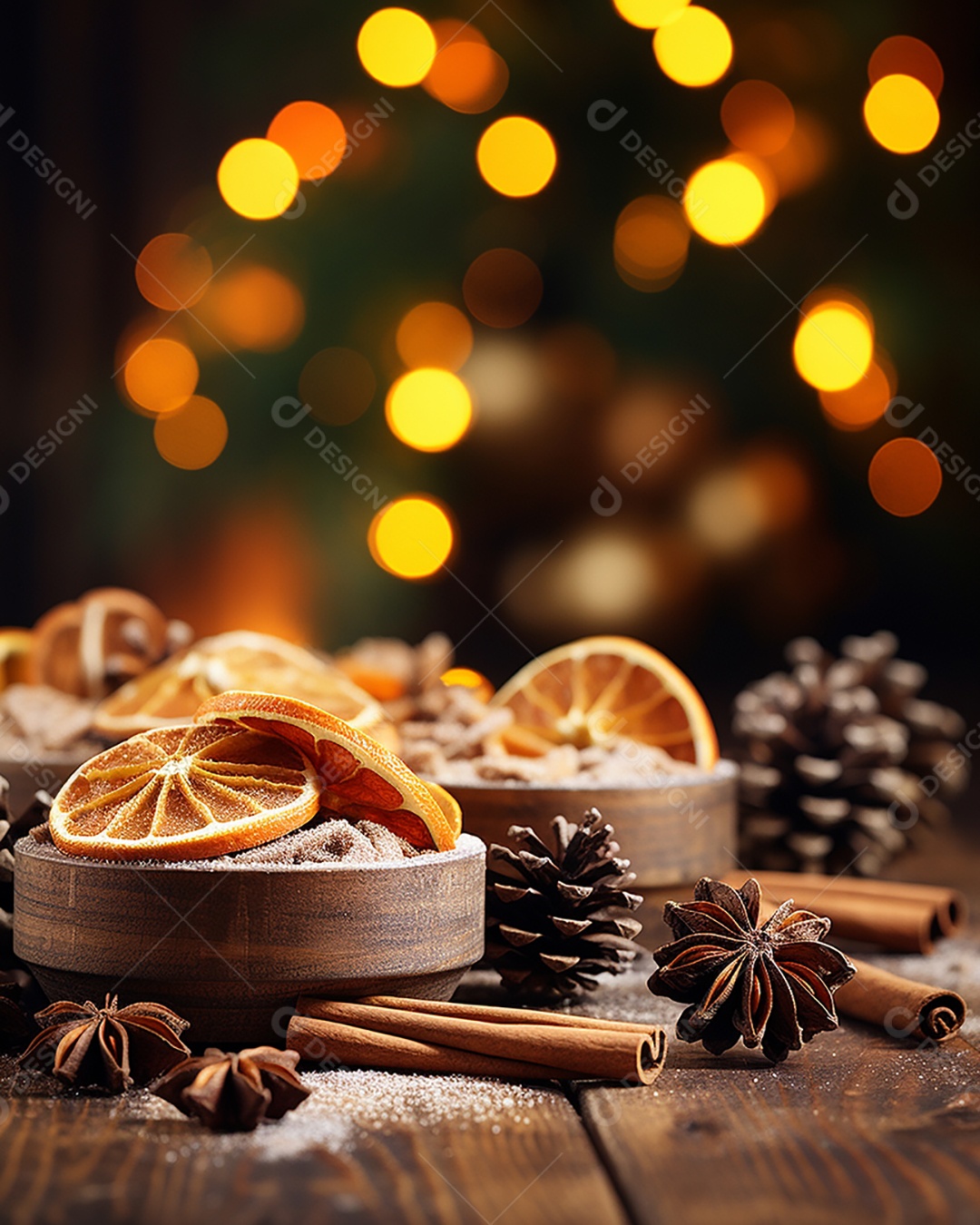Especiarias tradicionais de Natal e fatias de laranja secas em fundo bokeh de férias