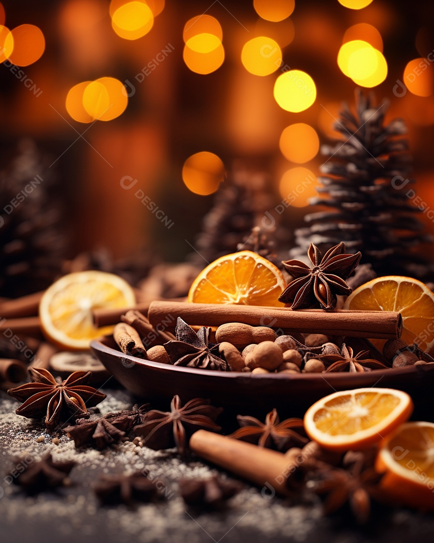 Especiarias tradicionais de Natal e fatias de laranja secas em fundo bokeh de férias