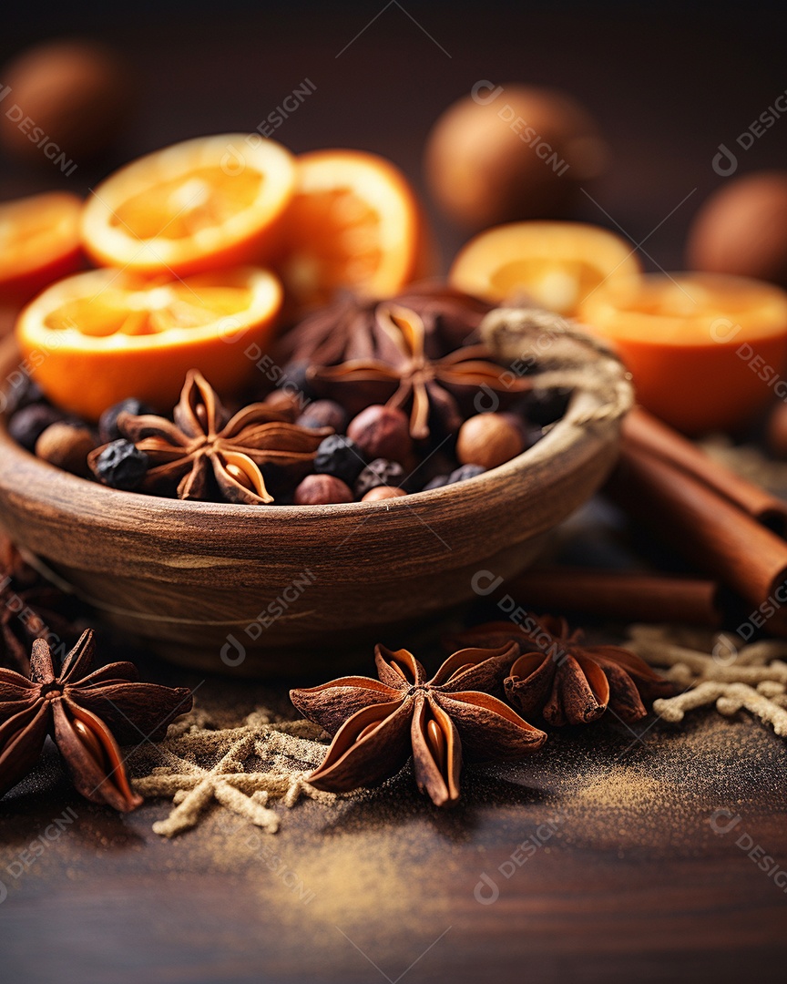 Especiarias tradicionais de Natal e fatias de laranja secas em fundo bokeh de férias
