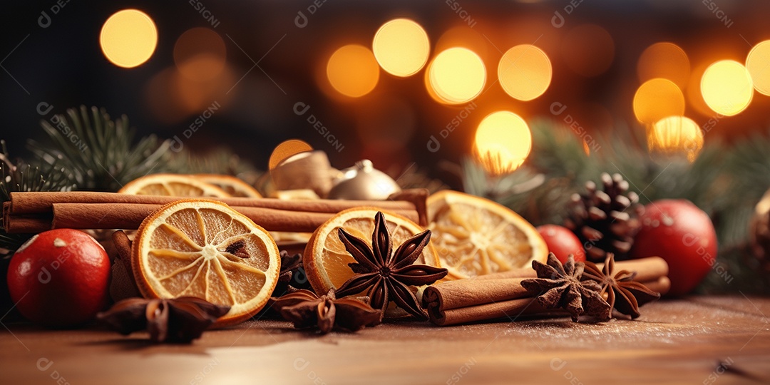 Especiarias tradicionais de Natal e fatias de laranja secas em fundo bokeh de férias