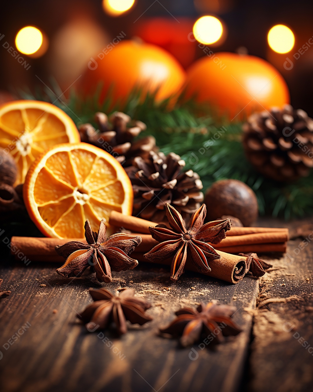 Especiarias tradicionais de Natal e fatias de laranja secas em fundo bokeh de férias