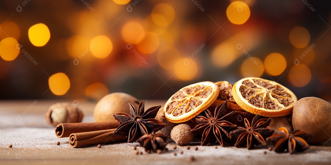 Especiarias tradicionais de Natal e fatias de laranja secas em fundo bokeh de férias