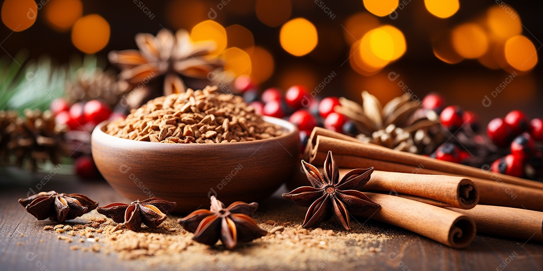 Especiarias tradicionais de Natal e fatias de laranja secas em fundo bokeh de férias