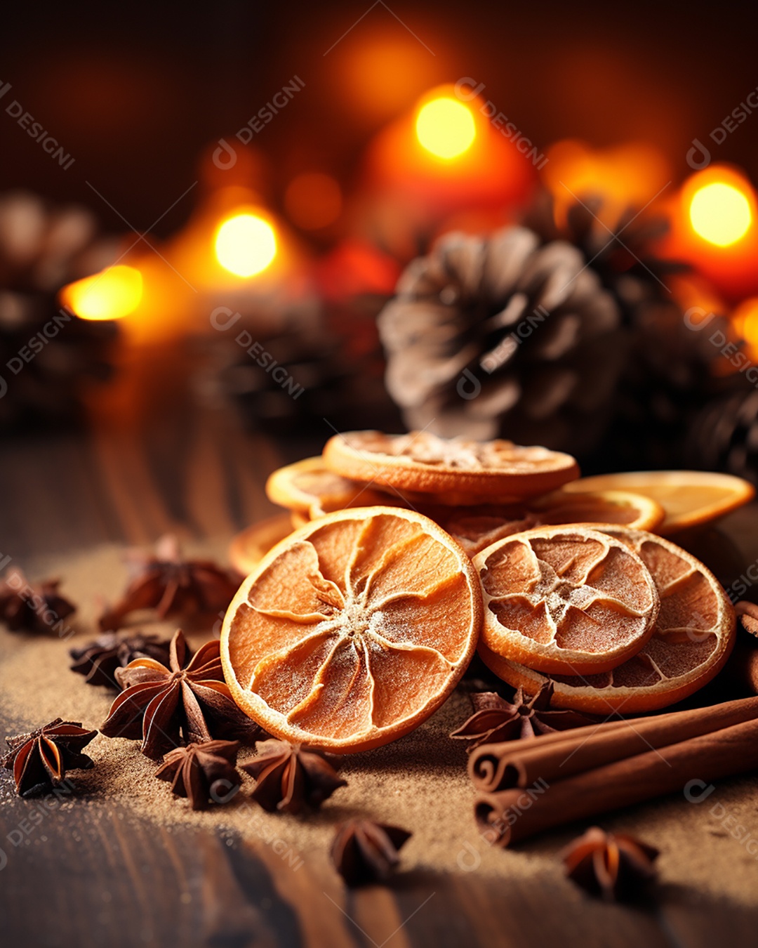 Especiarias tradicionais de Natal e fatias de laranja secas em fundo bokeh de férias