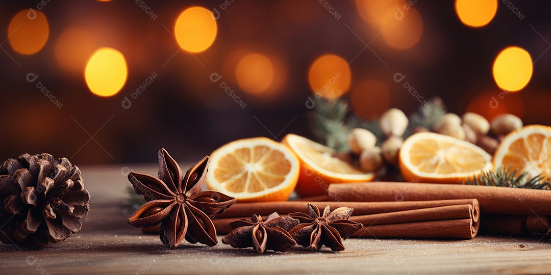 Especiarias tradicionais de Natal e fatias de laranja secas em fundo bokeh de férias