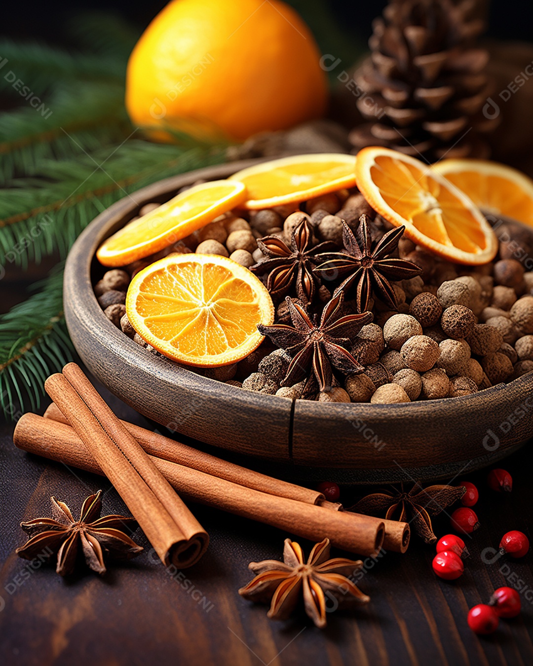 Especiarias tradicionais de Natal e fatias de laranja secas em fundo bokeh de férias