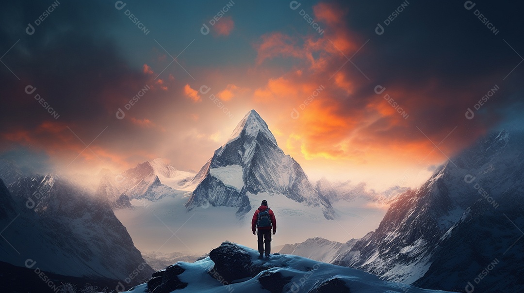 Bela fotografia de uma montanha nevada, pessoa parada no meio