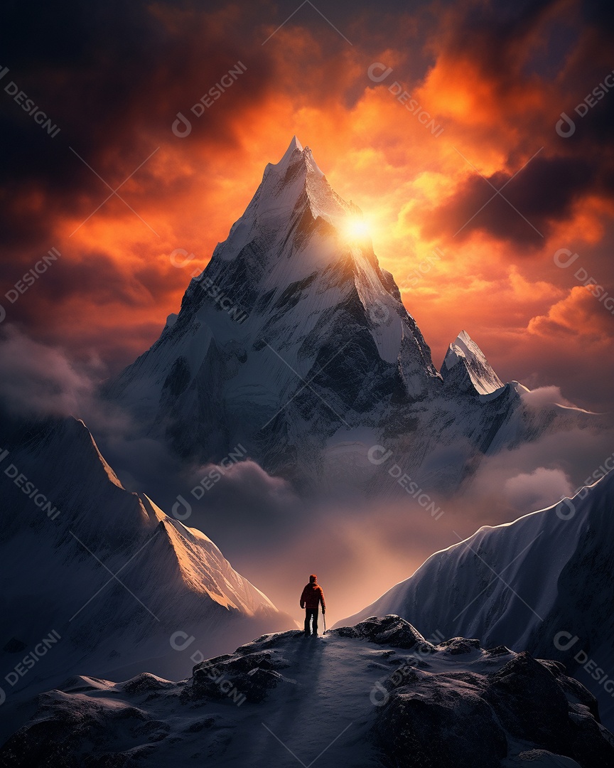 Bela fotografia de uma montanha nevada, pessoa parada no meio