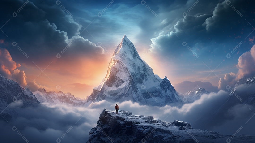 Bela fotografia de uma montanha nevada, pessoa parada no meio