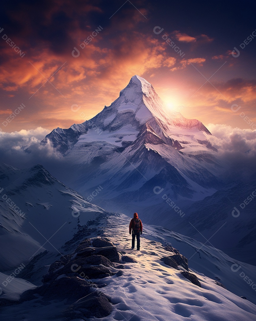 Bela fotografia de uma montanha nevada, pessoa parada no meio