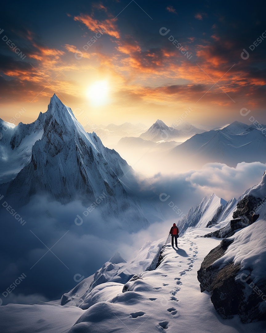 Bela fotografia de uma montanha nevada, pessoa parada no meio