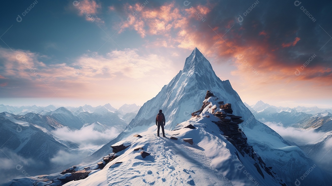 Bela fotografia de uma montanha nevada, pessoa parada no meio