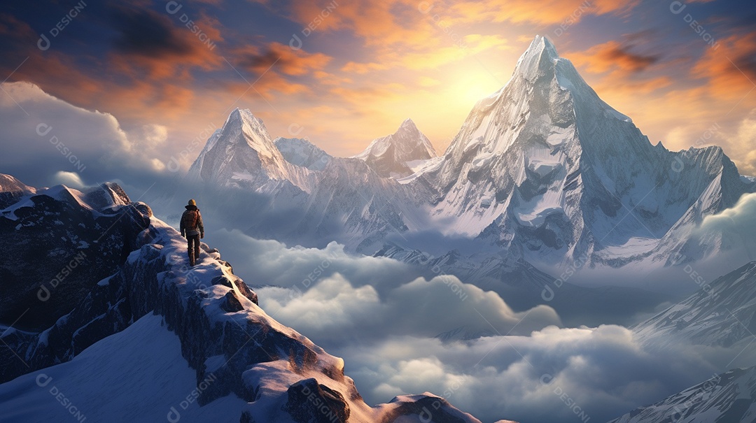 Bela fotografia de uma montanha nevada, pessoa parada no meio