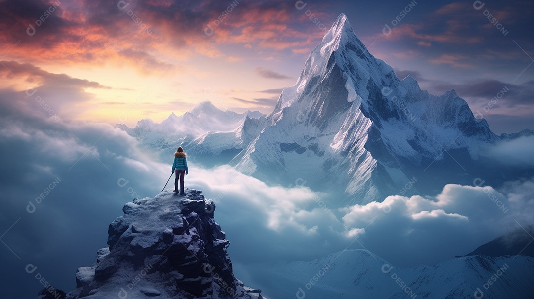 Bela fotografia de uma montanha nevada, pessoa parada no meio