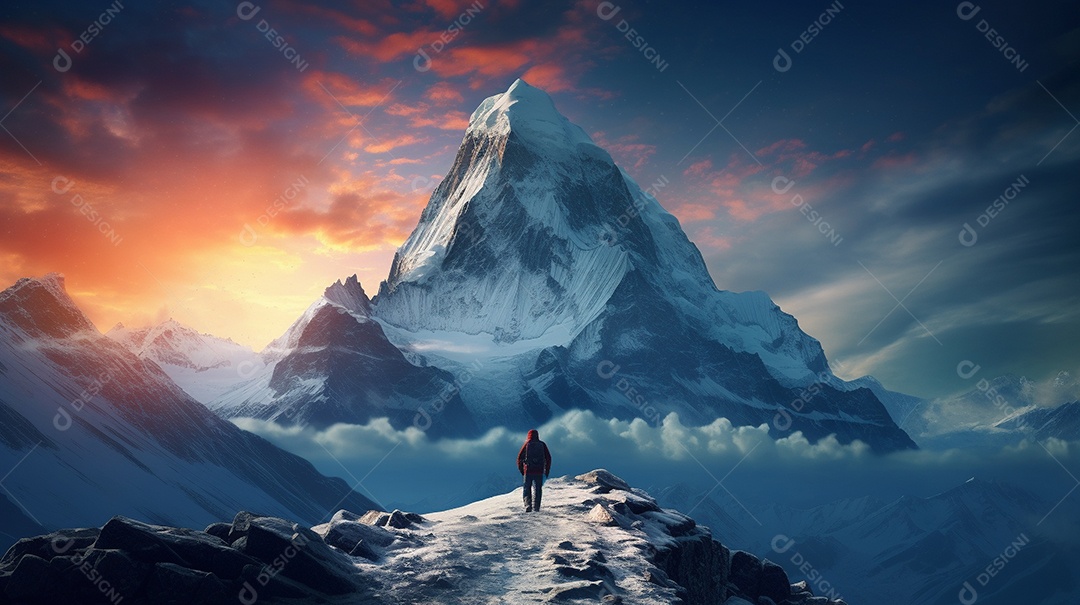 Bela fotografia de uma montanha nevada, pessoa parada no meio