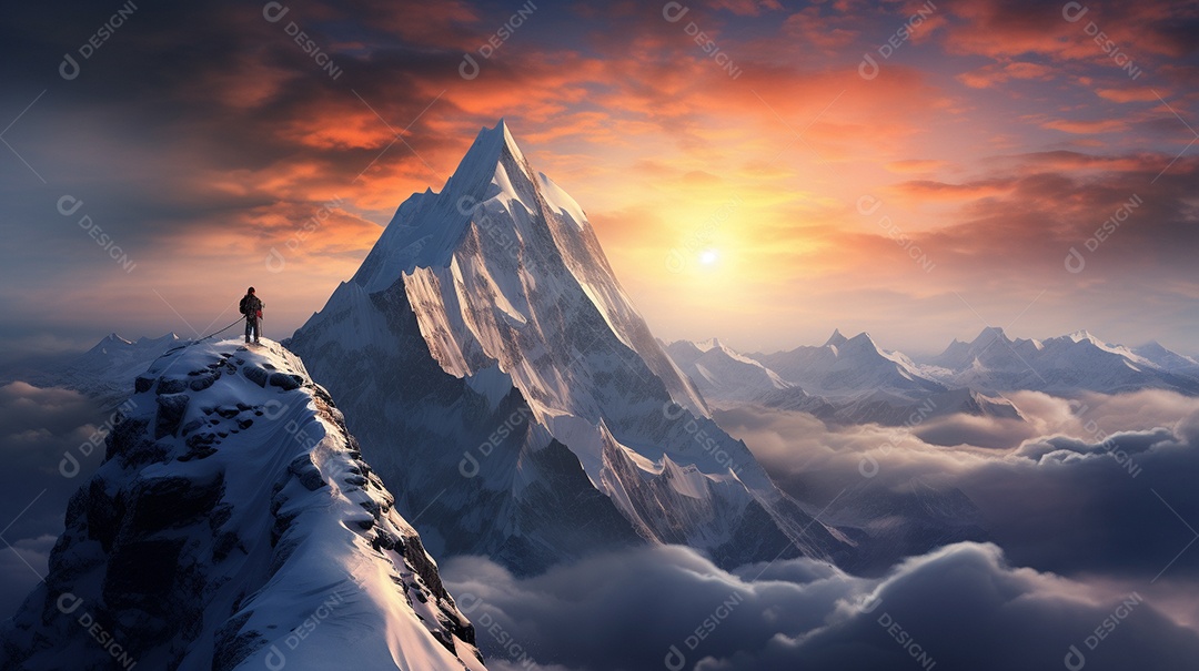 Bela fotografia de uma montanha nevada, pessoa parada no meio