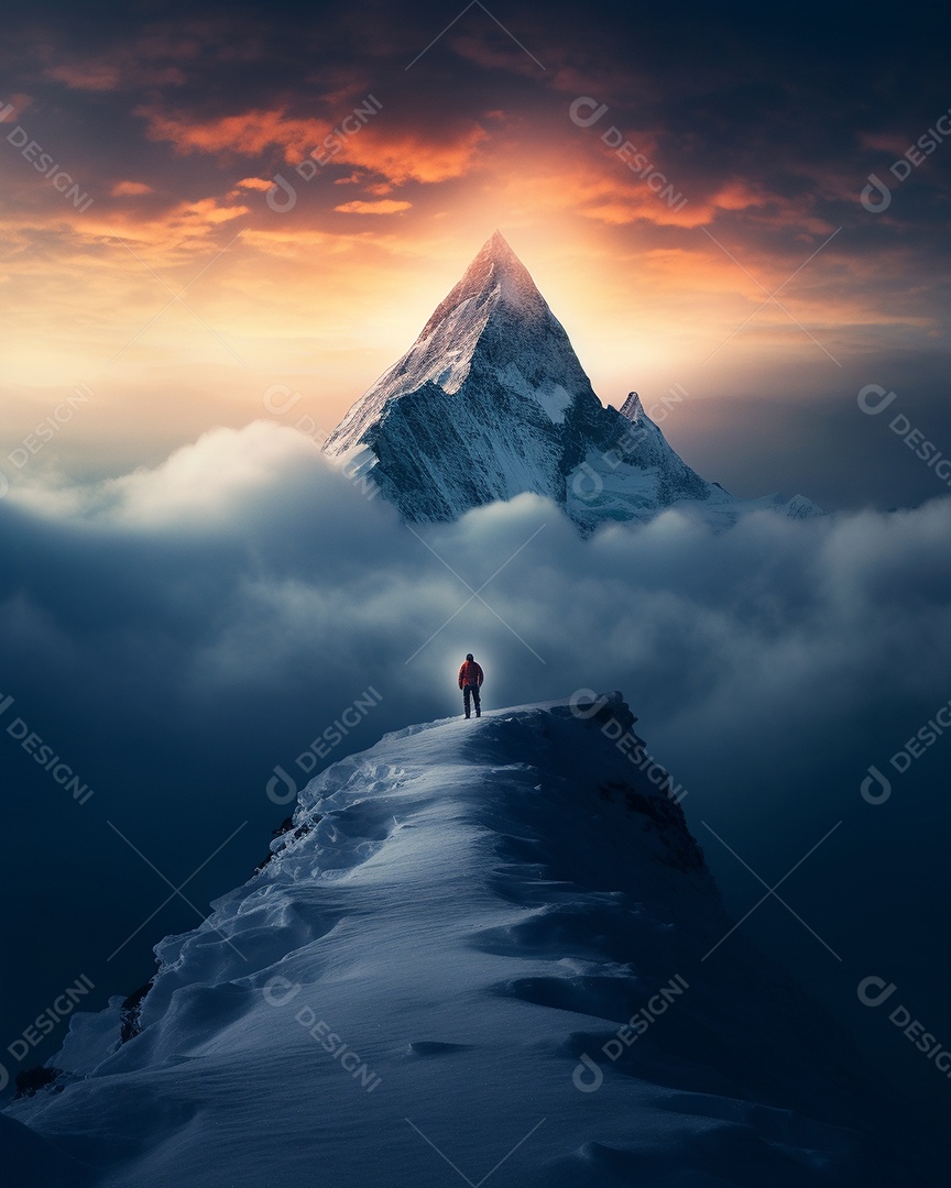 Bela fotografia de uma montanha nevada, pessoa parada no meio