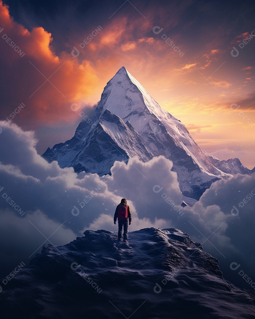 Bela fotografia de uma montanha nevada, pessoa parada no meio