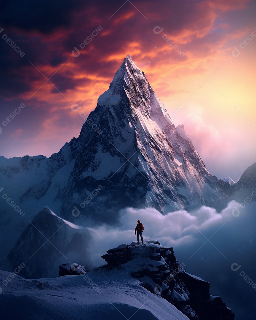 Bela fotografia de uma montanha nevada, pessoa parada no meio