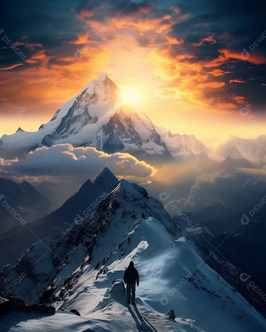 Bela fotografia de uma montanha nevada, pessoa parada no meio