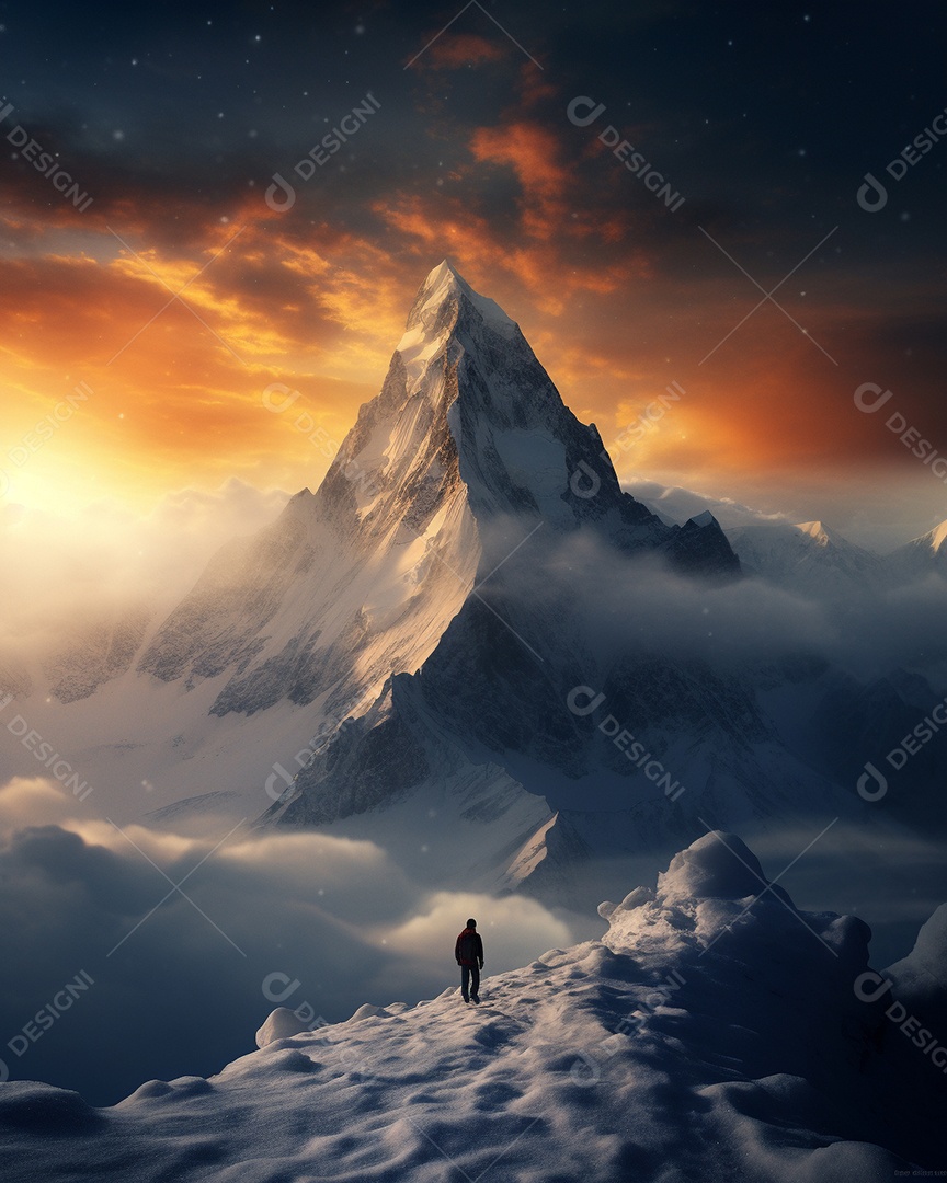 Bela fotografia de uma montanha nevada, pessoa parada no meio