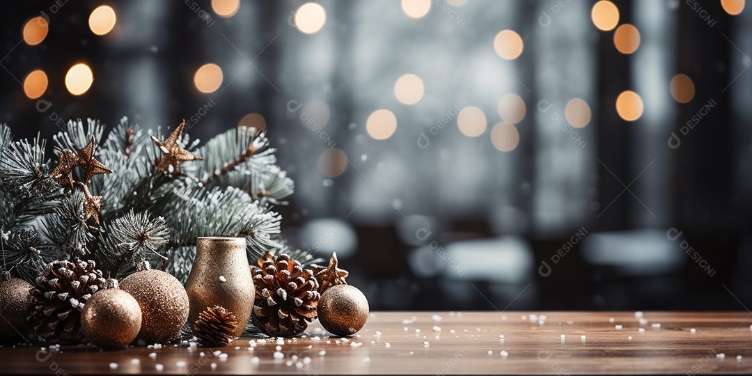Fundo de Natal com borda de galhos de pinheiro e decorações na mesa de madeira escura