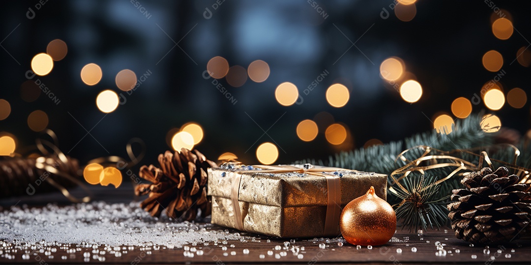 Fundo de Natal com borda de galhos de pinheiro e decorações na mesa de madeira escura