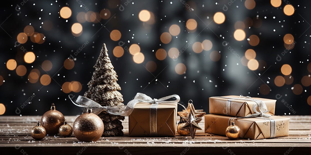 Fundo de Natal com borda de galhos de pinheiro e decorações na mesa de madeira escura