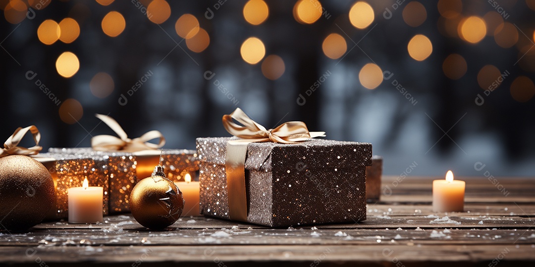 Fundo de Natal com borda de galhos de pinheiro e decorações na mesa de madeira escura